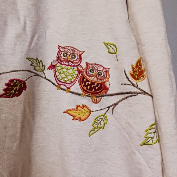 Alfred Dunner Embroidered Owls Fall Leaves Sweatshirt Oatmeal Tan Cottagecore 2X - Picture 3 of 7